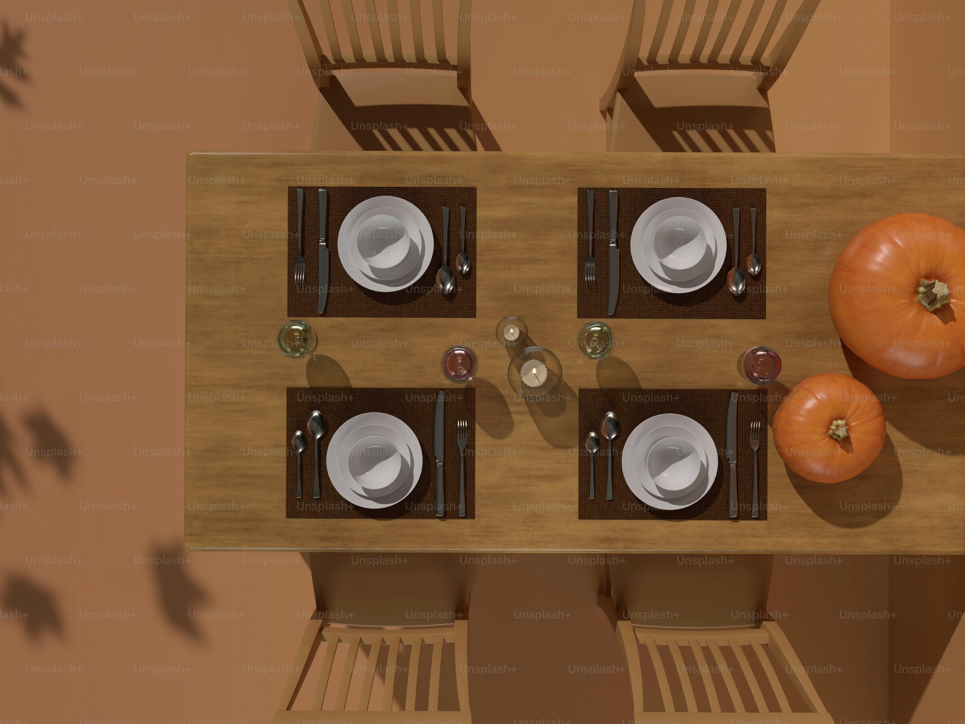 an overhead view of a table with plates and silverware